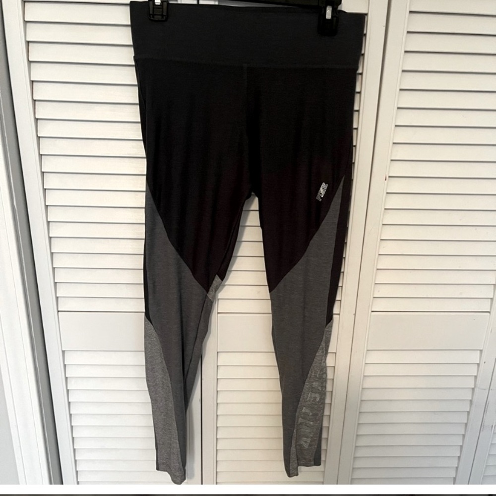 GREY pink leggings with sequin lettering spelling out pink on the legs